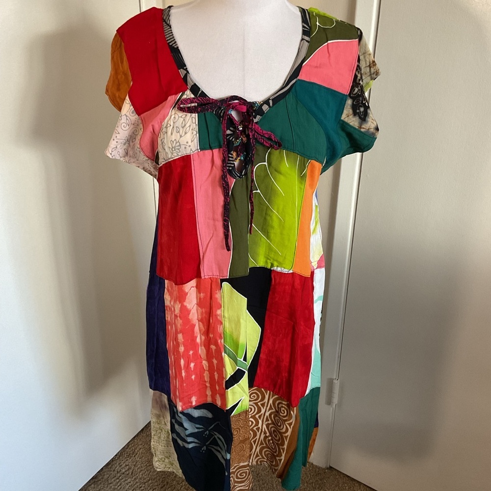 Peaceful People Multicolor Patchwork Rayon Resort Sundress S M Beach Cover Up - Picture 2 of 7